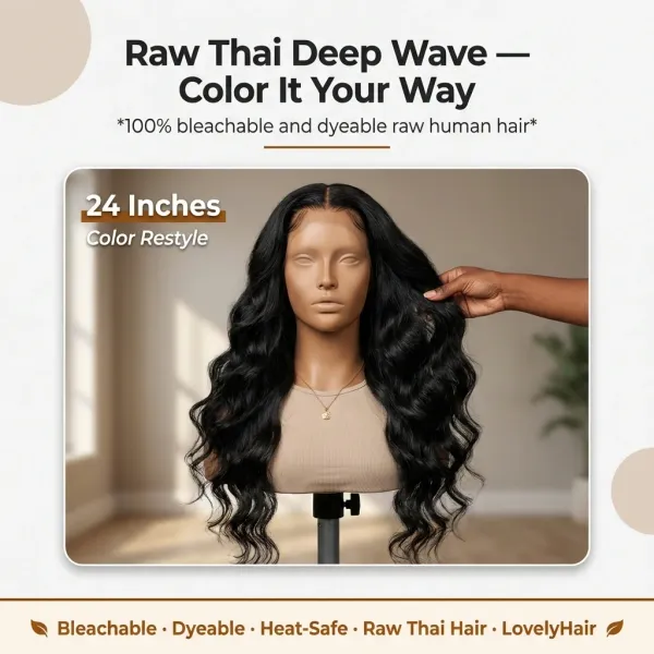 LovelyHair - 100% Raw Thai Human Hair Deep Wave 5x5 7x6 13x4 HD Lace Natural Hairline Wig, alternate view