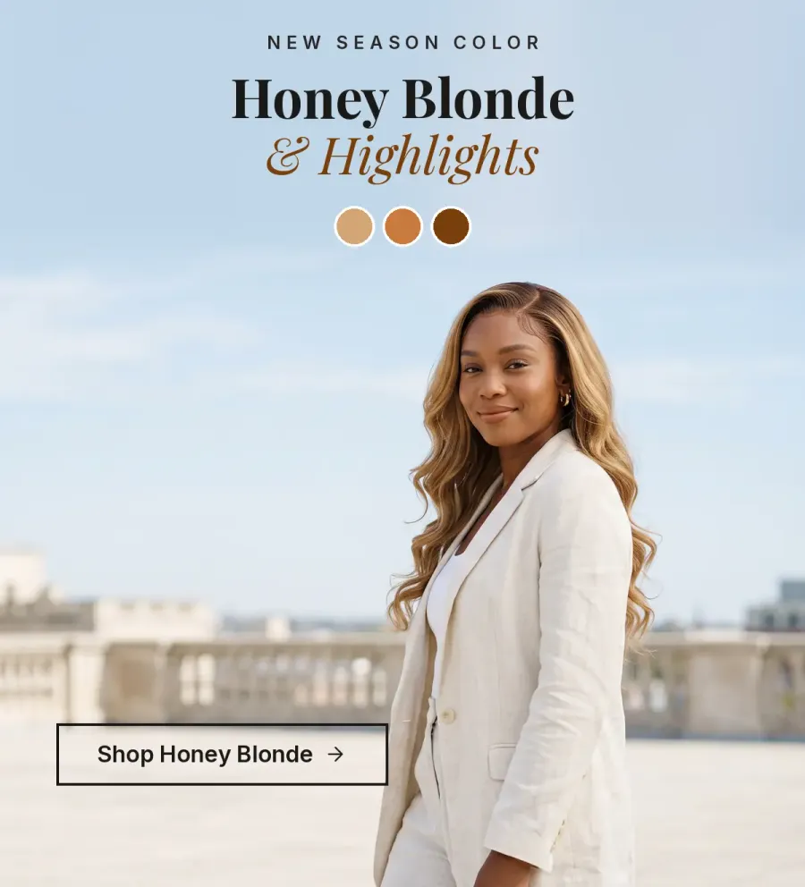 Woman with a honey blonde body wave wig on a sunny terrace. New season color: honey blonde and highlights. Shop Honey Blonde.