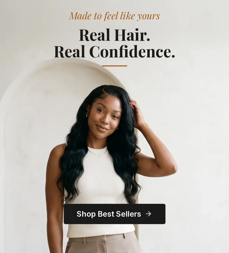 Woman with a long black body wave wig. Made to feel like yours. Real Hair. Real Confidence. Shop Best Sellers.